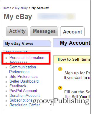 eBay mainīt paroles konta iestatījumus personisko informāciju