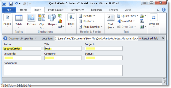 pielāgojiet dokumenta rekvizītus programmā Word 2010 dokumentu panelī