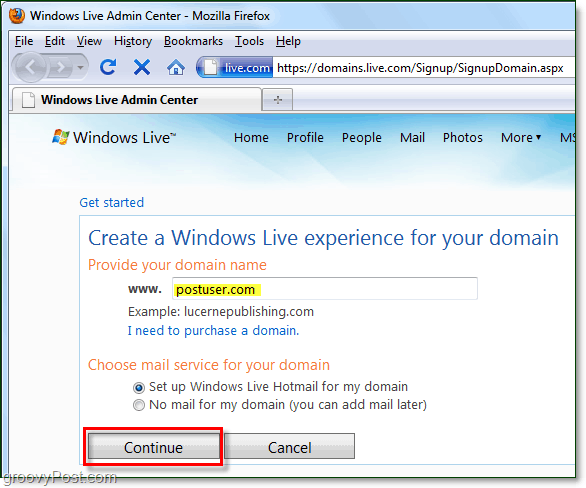nodrošiniet savu domēna vārdu Windows Live