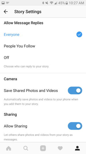 Izmantojiet iestatījumus, lai automātiski saglabātu fotoattēlus un videoklipus, kurus pievienojat savam stāstam, viedtālrunī