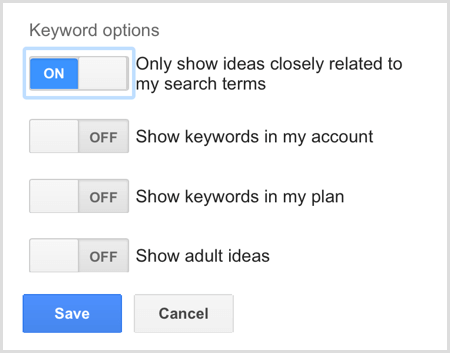 Google AdWords atslēgvārdu plānotāja meklēšanas atslēgvārdu opcijas