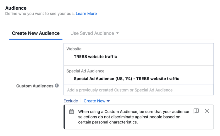 īpaša reklāmu auditorija Facebook kampaņas iestatīšanas sadaļā Auditorija