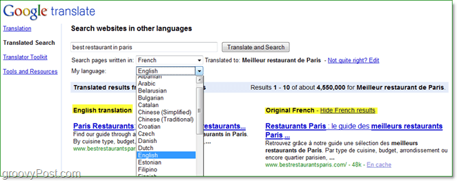 meklējiet interneta lapas dažādās valodās un lasiet tās savā valodā, izmantojot Google tulkoto daļu