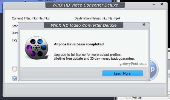 Veiksmīgas WinX video pārveidošanas apstiprinājums