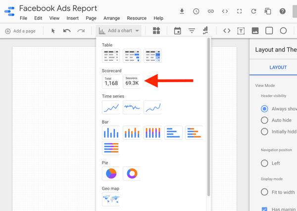 Izmantojiet Google Data Studio, lai analizētu savas Facebook reklāmas, 8. darbība. Opcija, lai atlasītu rādītāju kartes diagrammu Google Data Studio