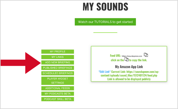 SoundUp izvēlieties Add New Briefing.