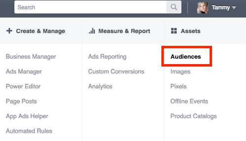 Atveriet Facebook Ads Manager sadaļu Mērķauditorija.