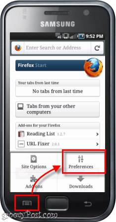 android tālruņa Firefox lietotnes preferences