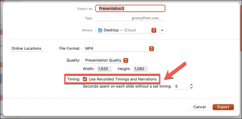 Ierakstīto laiku izmantošana eksportētam videoklipam programmā PowerPoint Mac