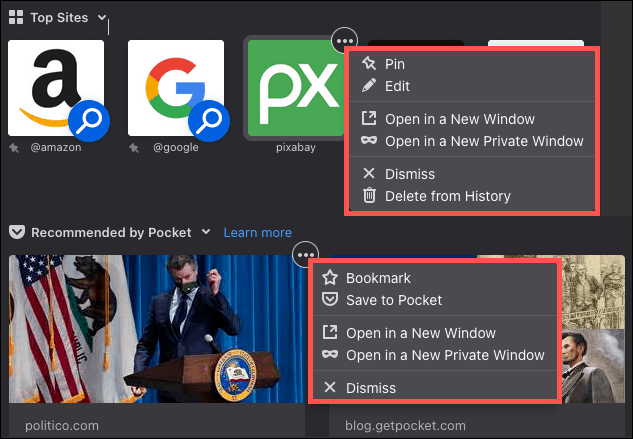 Firefox vietņu vietņu izvēlnes
