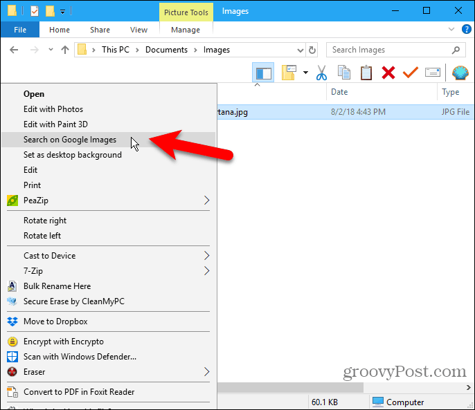 File Explorer konteksta izvēlnes vienumā atlasiet Meklēt