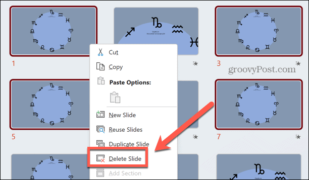 powerpoint izdzēst slaidu