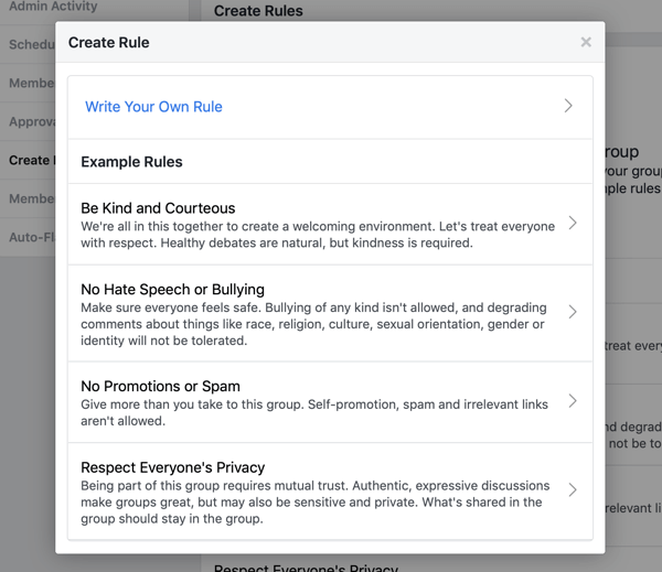 Kā uzlabot savu Facebook grupas kopienu, Facebook grupas iepriekš uzrakstītu noteikumu piemērs