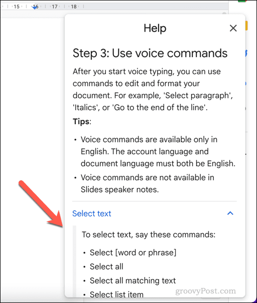 Palīdzības izvēlne Google dokumentos ierakstīšanai ar balsi