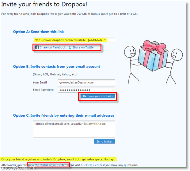 Dropbox ekrānuzņēmums - daudzi veidi, kā dalīties ar ielūgumiem uz dropbox
