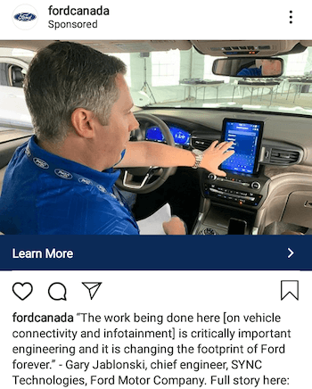 Instagram reklāmas piemērs ar darbinieku citātu