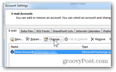 Pievienot pastkasti Outlook 2013 - noklikšķiniet uz Mainīt