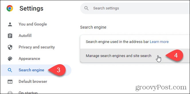 Pārlūkā Chrome meklētājprogrammas ekrānā noklikšķiniet uz Pārvaldīt meklētājprogrammas un meklēšanu vietnē