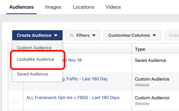 Iespēja izveidot Facebook izskatu līdzīgu auditoriju Facebook reklāmu pārvaldnieka sadaļā Izveidot auditoriju.