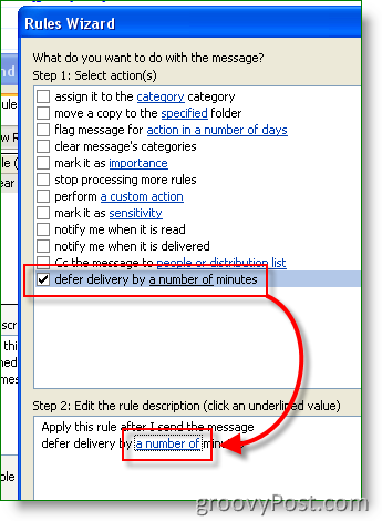 Outlook noteikums - iestatīt atlikto piegādes laiku