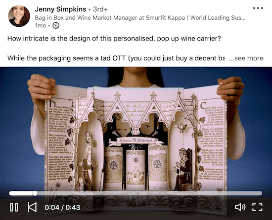 Dženijas Simpkinsas linkedin video piemērs, kurā parādīts, kā izmantot iebūvēto detalizēto vīna iepakojuma iesaiņojumu, lai ieskaidrotu