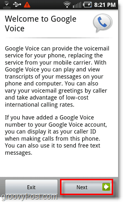 Google Voice Android mobilā tālruņa ekrānā