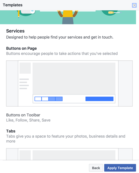 Dažādām Facebook lapu veidnēm ir dažādas AUD, rīkjoslas pogas un cilnes, kas īpaši izvēlētas un sakārtotas uzņēmējdarbības tipam.