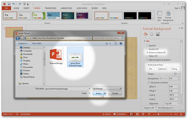 Office 2013 veidne Izveidot Pielāgojiet dizainu POTX pielāgojiet slaidus slaidiem Apmācība Kā nofotografēt fotoattēlu tekstūru un aizpildīt Importēt starpliktuves failu