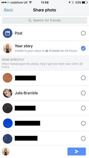 Izvēle, kur ievietot Facebook stāsta saturu.
