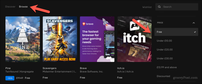 Epic Games Store vietne, kurā redzamas spēles iegādei