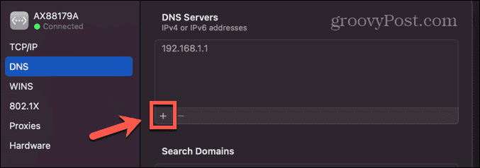 mac pievieno DNS serveri