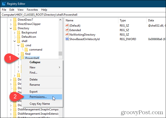 Windows reģistra redaktorā atlasiet Atļaujas Powershell atslēgai