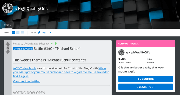 Kā reklamēt savu biznesu vietnē Reddit, piemēra ziņa no subreddit r / HighQualityGifs