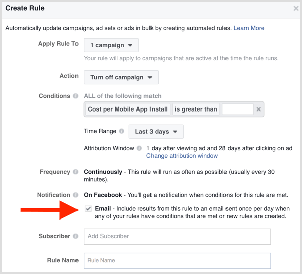 Facebook Ads Manager automatizēts noteikumu e-pasta paziņojums