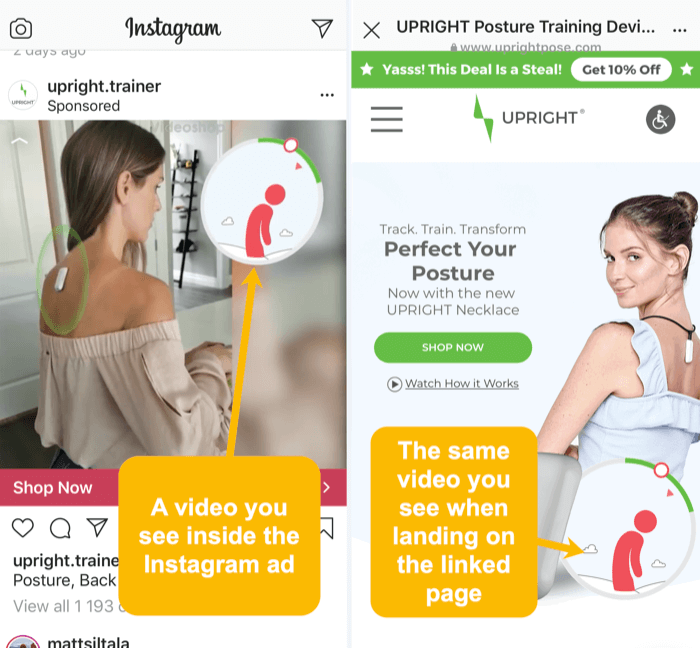 tie paši video un vizuālie elementi Instagram reklāmā un saistītajā galvenajā lapā