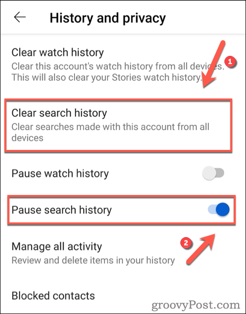 YouTube meklēšanas vēstures notīrīšana operētājsistēmā Android