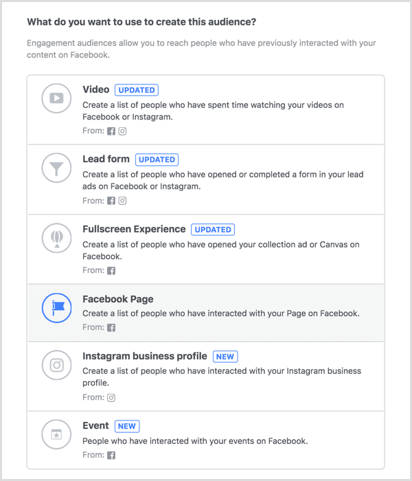 Atlasiet opciju Facebook lapa, lai izveidotu pielāgotu iesaistes auditoriju