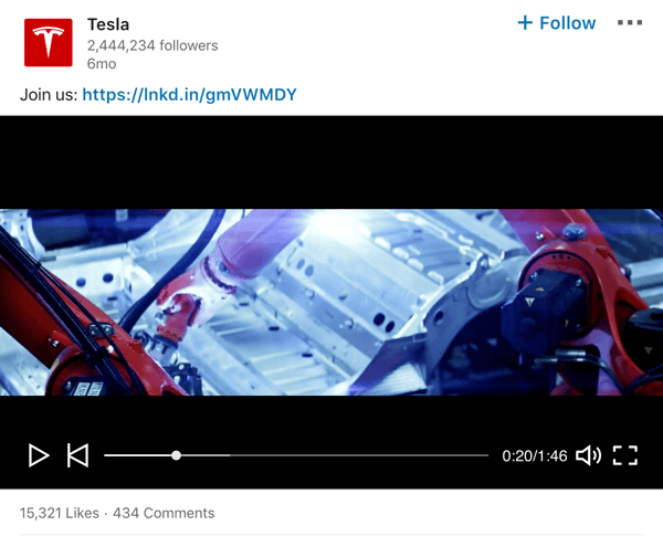 Tesla LinkedIn uzņēmuma lapas video ierakstu piemērs.