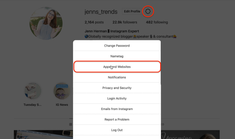 instagram profila zobrata ikona rediģēt iestatījumu izvēlnes opcijas, izceļot lietotņu un vietņu opciju