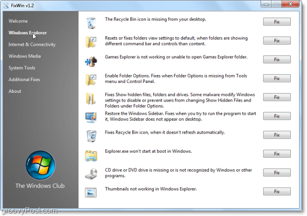 FixWin Windows Explorer labo ekrānuzņēmumu