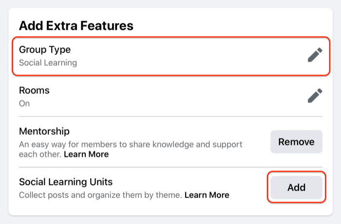 facebook grupas vienības iestatījumu piemērs, kas izceļ grupas veida opciju