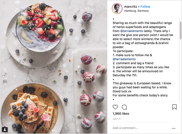 Instagram ietekmētāju mārketinga kampaņas ziņu piemērs ar dāvanu