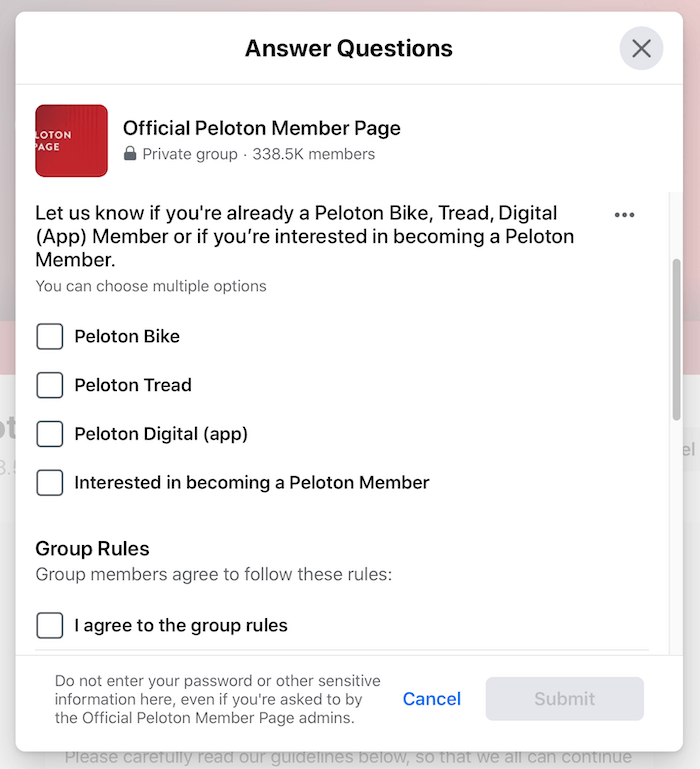 piemērs facebook grupas skrīninga jautājumiem oficiālajai Peloton dalībnieku lapu grupai