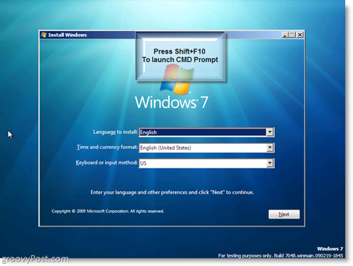 Windows 7 instalēšana - palaidiet CMD uzvedni, izmantojot Shift + F10