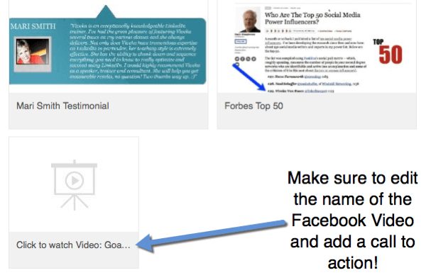 Pievienojot savam profilam Facebook video saites, rediģējiet nosaukumu, lai tajā iekļautu aicinājumu uz darbību, lai skatītos videoklipu.