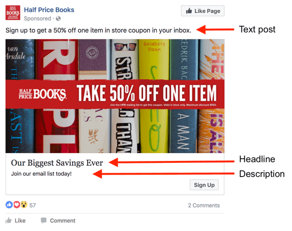 Facebook reklāmā ir trīs teksta apgabali.