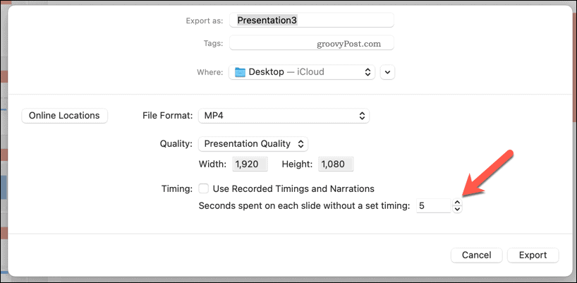 Manuālā laika izmantošana eksportētam videoklipam programmā PowerPoint Mac