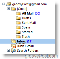 Jauns iMAP GMAIL kontu saraksts Outlook navigācijas rīkjoslā