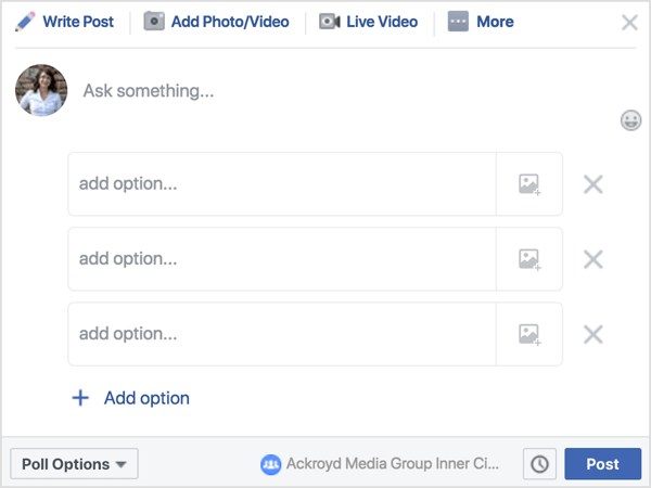 Facebook grupas ierakstā noklikšķiniet uz Aptauja un pēc tam uzrakstiet jautājumu vai uzvedni. 
