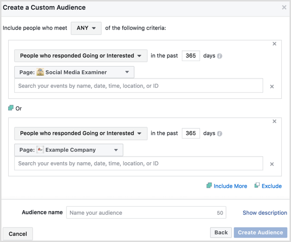 Facebook Ads Manager izveido pielāgotu auditoriju, pamatojoties uz iesaistīšanos pasākumā